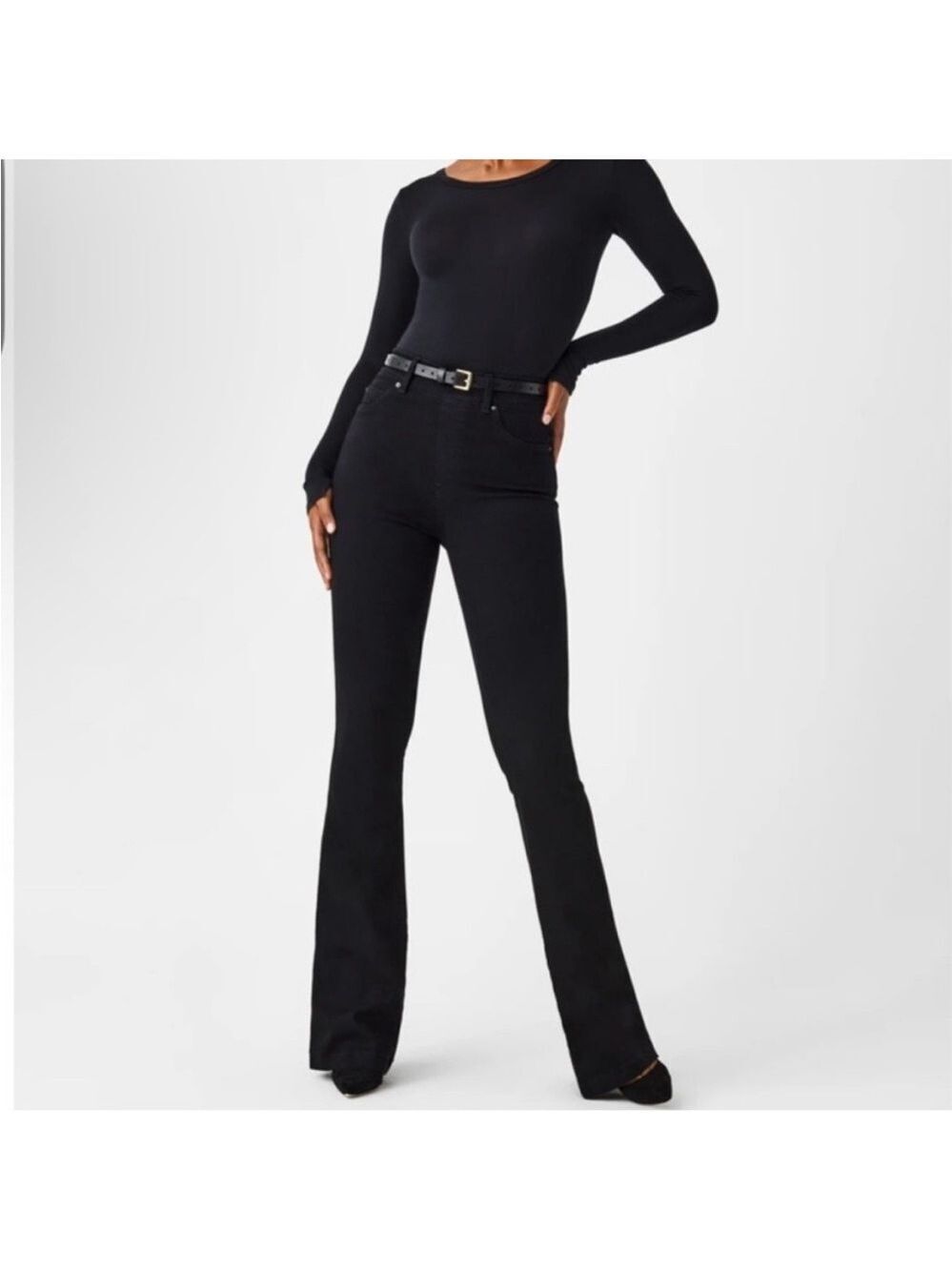 SPANX flared leg black denim pull on pants high rise tummy control size medium